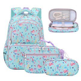BEFUNIRISE School Backpack Kids Set Middle Elementary Preschool with Lunch Bag & Pencil Case Bookbags for Boys Girls (A-Mermaid Green)