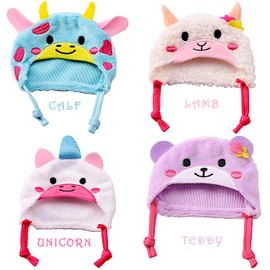 POCO DIVO 4pcs Toddler Cherub Dolls with Cartoon Beanie, 6-inch Happy Newborn Infant Toy Kids wear Animal Cap, Cute Baby Boys Girls Hat at Calf Lamb Unicorn Teddy Bear Design