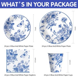 FVABO Blue and White Floral Paper Plates, Elegant Flower Party Supplies, Plate, Napkin, Cup, Cutlery, Tablecloth, Banner, For Birthday Baby Bridal Shower Wedding Chinoiserie Decor, Serves 24