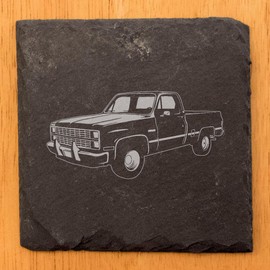 Rustic Slate Coasters - Laser-Etched 1983 Chevy C10 Silverado Pickup Image - Square Slate - set of 6