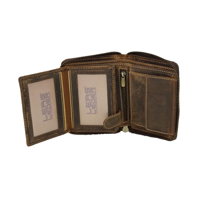 LEAS Vintage Style Zip Wallet in Genuine Leather Dark Cognac