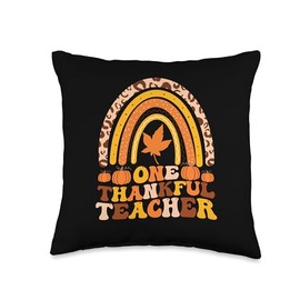 Turkey Meat Pilgrim Costume Thanksgiving Shirt One Thankful Rainbow Leopard Teachers Thanksgiving Throw Pillow, 16x16, Multicolor