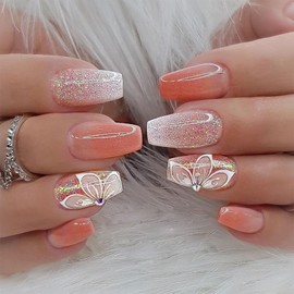 Pink Press on Nails Short Coffin Cute Flower Gradient Fake Nails with Golden Glitter Designs Full Cover Faux Nails Press ons Reusable Glue on Nails for Women and Girls Daily Wear 24 Pcs