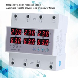 3 Phase DIN Rail Voltmeter, CHLT 63 Digital LCD Display Automatic Reset DIN Rail Voltmeter Ammeter AC390 to 500 V Surge Voltage AC370V to 140V Undervoltage Quick Response Current Protection Device 63A