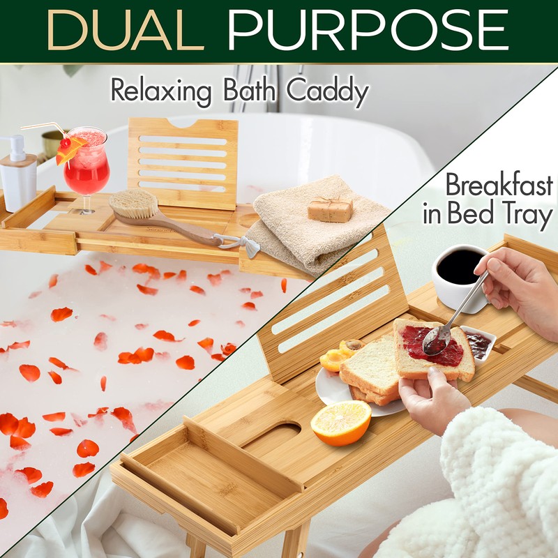 SereneLife Bath Caddy Breakfast Tray Combo - Natural Bamboo Wood