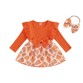 Socutebabe Baby Girl Thanksgiving Outfit Newborn Outfit Ribbed Ruffle Romper Dress and Headband Cute Fall Clothes (Orange, 6-12 Months)