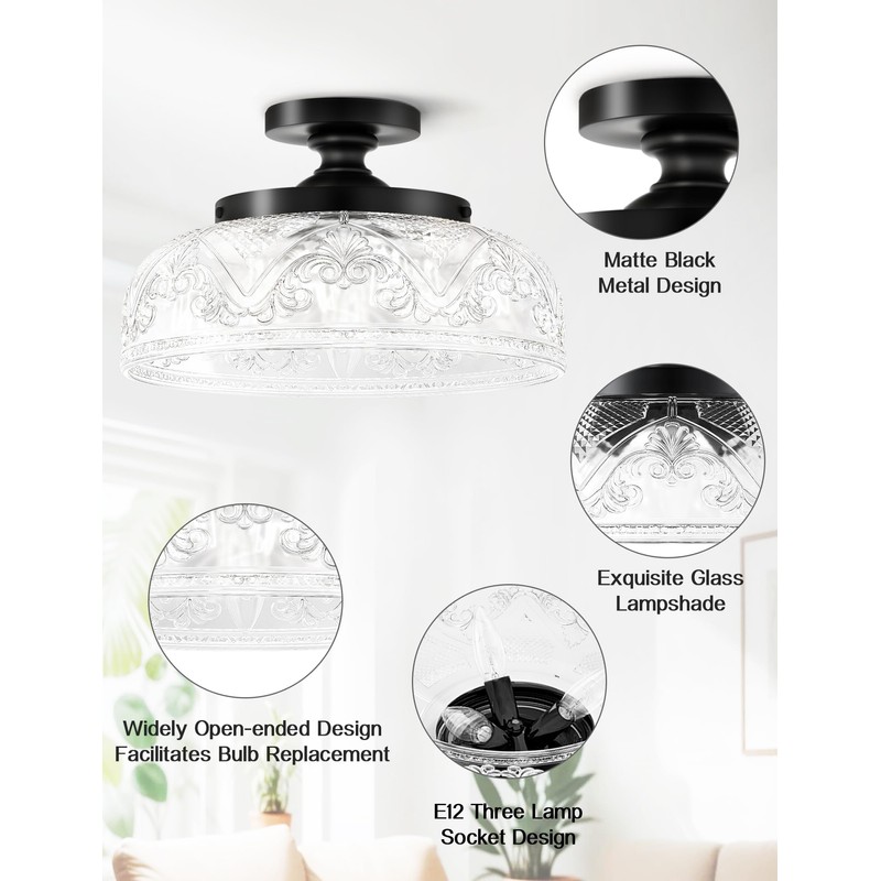 Slypadan Semi Flush Mount Ceiling Light, 12 Inch Large Black