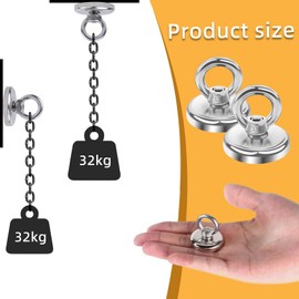 2PCS Strong Neodymium Magnets Fishing Magnets, Heavy Duty 33KG Pulling Force, 304 Stainless Steel Round Magnetic Hooks for Underwater Treasure Hunting, Garage, Kitchen, Garden, and Camping(32MM)