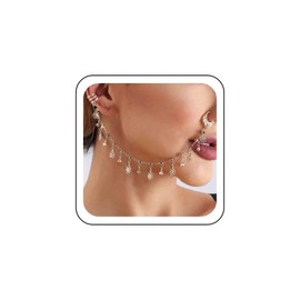 Atentuyi Boho Nose Ring Chain for Ear Gold Filigree Flower Dangle Nose Hoop Punk Septum Black Crystal Nose No Piercing Onyx CZ Drop Tassel Cuff Earrings Nostril for Women and Girls, Zinc