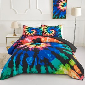Koniroom Tie Dye Comforter Twin Size, Twin Bedding Sets for Teen Boys Girls Women with Hippie Psychedelic Black Blue Purple Themed Printing, Reversible Comforter 2 Pieces with 1 Pillow Shams