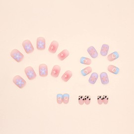 Press on Nails Square Short Length, 24 Pcs Full Cover Reusable False Nails with Sticky Tabs, Artificial Acrylic Fake Nails with Heart Floral Designs, Stick on Nails Coffin with Glue for Women