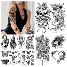 Acevegue 34 Sheets Fake Tattoos, Temporary Tattoo for Sticking, Women's Tattoos, Adults, Waterproof, Body Makeup Tattoo, Festival Accessories