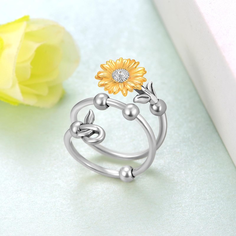 SCZKLAQ 925 Sterling Silver Sunflower Fidget Anxiety Rings for Women