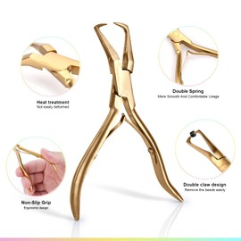 EHDIS Hair Extensions Tools Kit, 2 Stainless Steel Pliers for Hair Apply&Remove Micro Ring Loop, 2 Loop Needle Threader Pulling Hook, 2 Clip, Multi Functional Hair Extension Tool, Gold