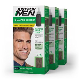 Just For Men Shampoo In Color, Hair Color for Men with Keratin and Vitamin E for Stronger Hair, Restores Natural Hair Color, Light Brown, H-25, Pack of 3