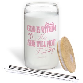 BEHIFL Coquette Pink Bow Christian Glass Cup with Lids and Straws 14oz, Bible Verse Gifts, God is Within Her She Will Not fall Scripture Glass Coffee Tumbler Drinking Jars with Cleaning Brush