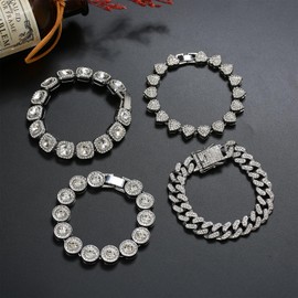 Umimiss 4PCS Diamante Bracelet - Bracelets for Womens,Tennis Bracelet,Bracelet Set,Silver Clustered Tennis Bracelet,Heart Round Diamond Cuban Bracelet,Layered Link Bracelet Set for Mother Wife Friend