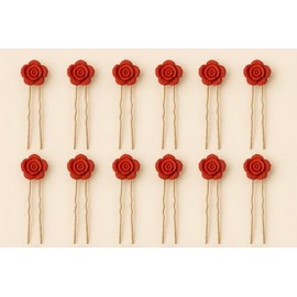 Zohvia Red Rose Hair Pins – Handmade Floral Hair Clips for Women & Girls | Romantic Wedding Hair Accessories | Lightweight Rose Bun Pins for Bridesmaids, Prom, Daily Wear – 12 Pack