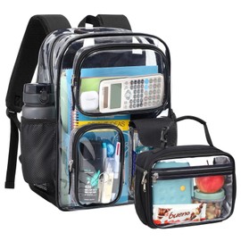 PACKISM Clear Backpack with Lunch Bag for School - 17 inch Heavy Duty Clear Bookbag with 3 Front Pockets for Students, Transparent PVC See Through Backpacks, Black (Age 12+)