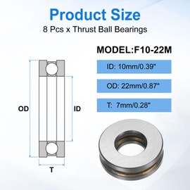 sourcing map 8pcs F10-22M Thrust Ball Bearings, 10mm x 22mm x 7mm Miniature Thrust Bearing with Washers Chrome Steel Single Direction for Conveyor Systems Machine Tools