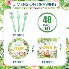 48Pcs Jungle Safari Baby Shower Decorations Animals Paper Plates, Napkins Wild One Birthday Baby Shower Party Supplies