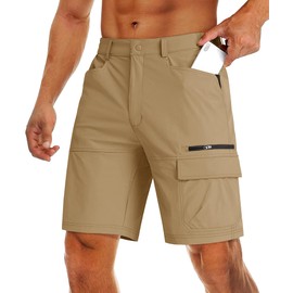 MAGCOMSEN Summer Cargo Shorts Men Knee Length Breathable Soft Water Resistant Shorts Elastic Waist Lightweight Combat Outdoor Shorts Khaki