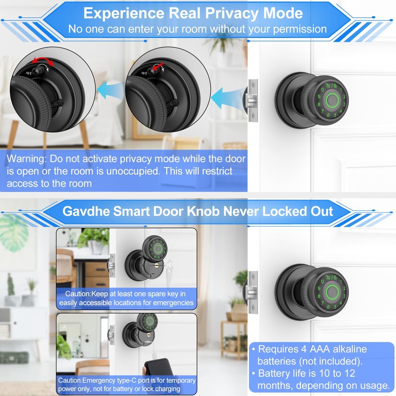 Gavdhe Fingerprint Door Knob-Fingerprint Door Lock with Keypad & App