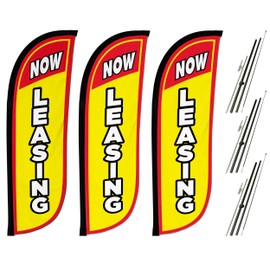 LookOurWay Real Estate Themed Feather Flag Pole Kit 3 Pack - 5 Feet Tall Now Leasing Advertising Flags with 3 Banners, 3 Pole Sets, and 3 Ground Spikes (Now Leasing Yellow 10M500007)