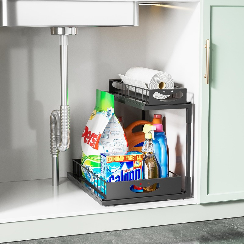 JAQ Under Kitchen Sink Organizer, 2 Tier Metal Slide Out