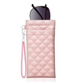 Yantoers Double Eyeglass Case Squeeze Top Glasses Pouch, Leather Soft Sunglasses Case with Carrying Strap (Pink)