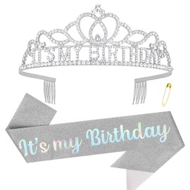 Norbiariz Birthday Crown and Sash Set for Women, Silver Birthday Party Decorations Gifts Crystal It's My Birthday Tiara