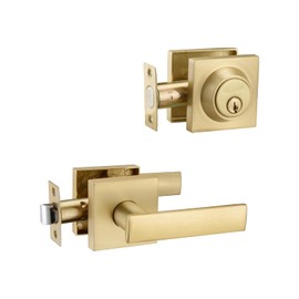 NCSEN Front Door Locksets with Single Cylinder Deadbolt,Heavy Duty Door Handles,Square Exterior Door Lever Combination Set(Satin Brass)