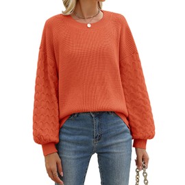 heekpek Women's Jumpers Ladies Loose Jumpers Long Sleeve Tops Crewneck Cable Knit Sweaters Casual Pullover, Orange, M