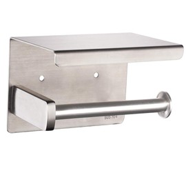 Adhesive Toilet Paper Holder with Shelf, Toilet Paper Roll Holder Wall Mounted, Fits Mega Roll, Stainless Steel Tissue Roll Dispenser Storage No Drilling (Brushed Nickel)