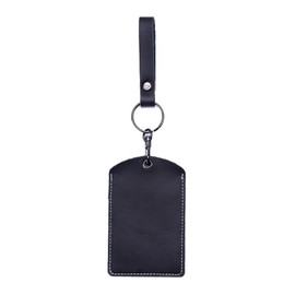 Portable Top Layer Cowhide Leather Card Holder Keychain with Wristlet Strap, Slim ID Case for Access Card Air Tag (A-Black)