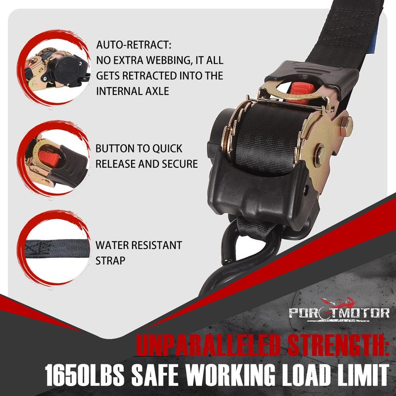 Porotmotor 4 Pack Retractable Ratchet Straps (2" × 10'), 3000LBS