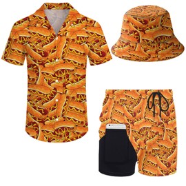 Mens 2 Piece Hawaiian Shirt Set Hot Dog Rave Outfit and Compression Liner 2 in 1 Shorts Sets with Bucket Hats Large