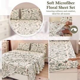 MICORAL Boho Floral Queen Sheet Set, 4-Piece Printed Botanical Bed Sheets, 16" Deep Pocket, Ultra Soft & Cooling Sheet, Oeko-TEX Certified, Beige Plants