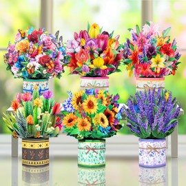 Pop Up Flower Bouquet Card Set for Women – 6 Unique 3D Floral Designs with Envelopes and Blank Note Cards for Birthdays, Mother's Day, Thank You, Get Well, and More
