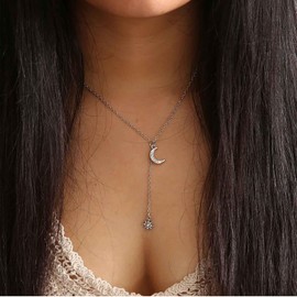 Allereya Boho Crystal Star Y Lariat Necklace Gold Star Y Necklace CZ Moon Choker Necklace Rhinestone Moon Necklace Long Star Drop Necklace Jewellery for Women, Zinc