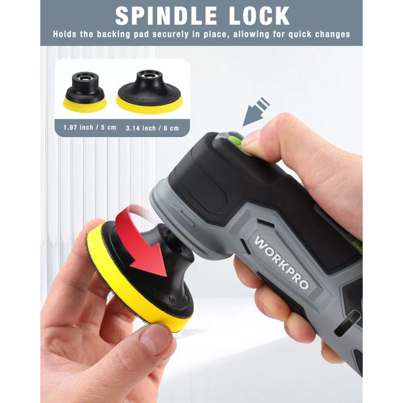 WORKPRO Cordless Mini Buffer Polisher 12V 5 Variable Speed Up