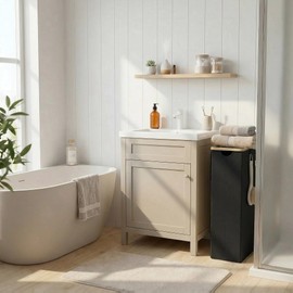 efluky Slim Laundry Basket with Lid, Narrow Laundry Hamper with Removable Bag, Skinny Dirty Clothes Basket with Bamboo Handles for Bathroom, Bedroom & Laundry Room, 75L Black