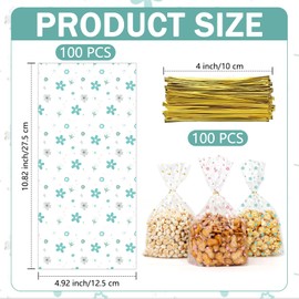 100 Pcs Wildflower Party Cellophane Treat Bags - Floral Candy Plastic Goody Bags for Baby Shower, Bridal Shower, Birthday, Wedding - Clear Gift Supplies with Flat Bottom