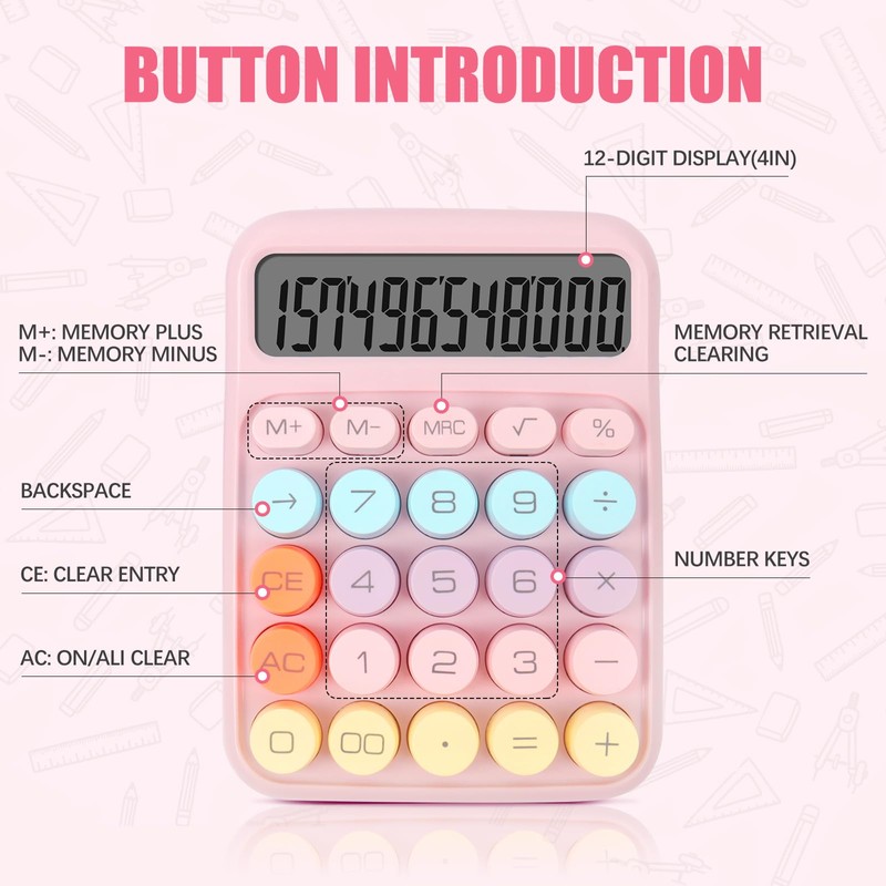 lohey Calculator, 12 Digit Cute Desk Calculator with LCD Display