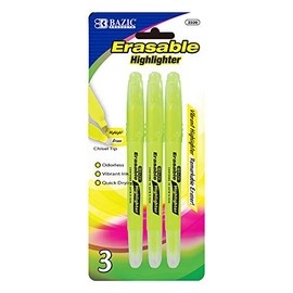 BAZIC Erasable Highlighter, Chisel Broad Line Fine Point Highlighters, Unscented Assorted Color Highlighting Coloring Erase Marker (3/Pack), 1-Pack