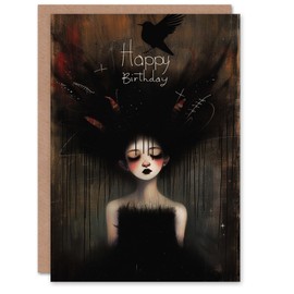 Artery8 Birthday Card Cute Goth Girl Strange Dark Portrait Painting For Her Woman Sister Niece Daughter Granddaughter Greeting Card