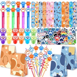 JJWYLTKB Dog Paw Party Favors Set - 120pcs Dog Paw Theme Party Supplies with Slap Bracelets, Bubble Wands, Stickers, Straws & Gift Bags for Birthday Classroom Rewards for Classroom Party Education