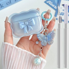 Compatible with AirPods Pro 2/1 Clear Case SkyBlue, 3D Bow Pattern Desiged iPods Pro 2 Cases with Cute Butterfly Keychain, Soft TPU Protective Case and Cleanner Kit for Airpod Pro for Girls Women