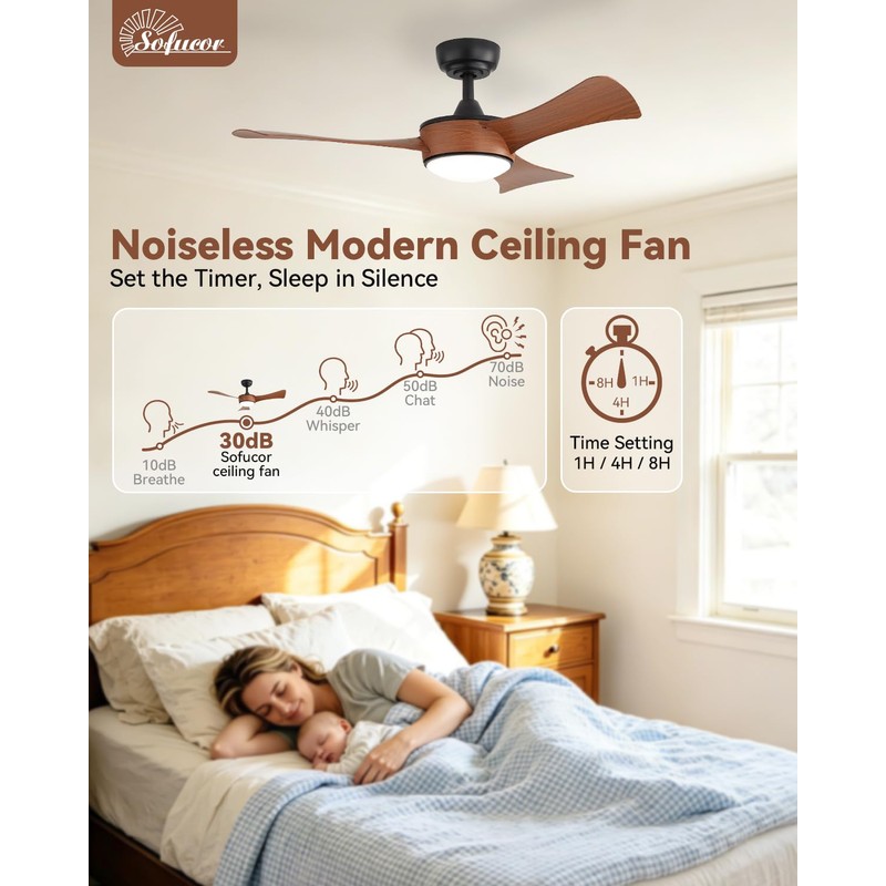 Sofucor 42 Inch Ceiling Fans with Lights-Modern Brown Small Bedroom