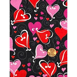 Unbranded Red & Pink Hearts on Black Valentine's Day Fabric, BTHY